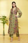 Buy Shikhha Goyal Green Kurta- Habutai Silk Printed Floral V Neck Kalidar And Pant Set Online at Aza Fashions Buy_Shikhha Goyal_Green Kurta- Habutai Silk Printed Floral V Neck Kalidar And Pant Set_Online_at_Aza_Fashions