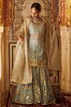 Shop_Itrh_Blue , Brocade, Chanderi Embroidered Kurta Sharara Set_at_Aza_Fashions