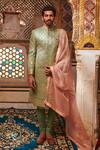 Itrh_Green Linen Gota Embroidered Sherwani Set_Online_at_Aza_Fashions