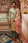 Shop_Itrh_Green Linen Embroidered Gota Patti Sherwani Set  _Online_at_Aza_Fashions