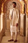 Buy_Itrh_White Linen Embellished Gota Patti Bandhgala Set _at_Aza_Fashions