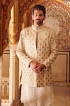 Itrh_White Linen Embellished Gota Patti Bandhgala Set _Online_at_Aza_Fashions