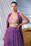 Soniya G_Purple Georgette And Embellishment Geometric V Neck Cape Lehenga Set _at_Aza_Fashions