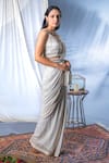 Soniya G_White Georgette Embellishment Cutdana Scoop Neck Pre-draped Saree With Blouse _Online_at_Aza_Fashions