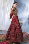 Soniya G_Red Lucknowi Embroidery Thread Square Neck Cape Lehenga Set _Online_at_Aza_Fashions