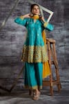 Sunita Nagi_Blue Georgette, Dupion Silk Mirror Work, Badla Embroidered Anarkali Palazzo Set _Online_at_Aza_Fashions