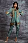 Buy_Sunita Nagi_Grey Dupion Silk Mirror , Thread Round Cross Stitch Jacket Pant Set _at_Aza_Fashions