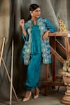 Buy_Sunita Nagi_Blue Dupion Silk Printed Thread Work Notched Cross Stitch Jacket Pant Set _at_Aza_Fashions