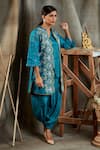 Shop_Sunita Nagi_Blue Dupion Silk Printed Thread Work Notched Cross Stitch Jacket Pant Set _at_Aza_Fashions