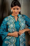 Sunita Nagi_Blue Dupion Silk Printed Thread Work Notched Cross Stitch Jacket Pant Set _Online_at_Aza_Fashions
