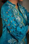 Buy_Sunita Nagi_Blue Dupion Silk Printed Thread Work Notched Cross Stitch Jacket Pant Set _Online_at_Aza_Fashions
