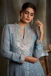 Sunita Nagi_Grey Lucknowi Fabric Embroidered Chikankari Mandarin Collar Anarkali Set _at_Aza_Fashions