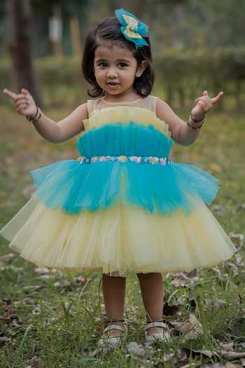 Buy_Toplove_Blue Cotton, Net Embroidery Colorblock Ruffle Dress _at_Aza_Fashions