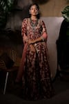 Anu Pellakuru_Brown Muslin Silk Printed Floral High Neck Anarkali With Dupatta _Online_at_Aza_Fashions