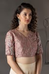 Buy_Anu Pellakuru_Brown Matka Silk Embroidered Zardozi Work V Neck Floral Crop Top And Palazzo Set _Online_at_Aza_Fashions