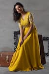 Shop_Anu Pellakuru_Yellow Matka Silk Embroidered Zardozi Work V Neck Floral Gown _at_Aza_Fashions