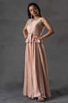 Buy_Anu Pellakuru_Peach Matka Silk Embroidered Thread Work V Neck Floral Gown _at_Aza_Fashions