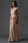 Shop_Anu Pellakuru_Peach Matka Silk Embroidered Thread Work V Neck Floral Gown _at_Aza_Fashions