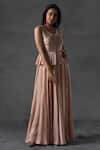 Anu Pellakuru_Peach Matka Silk Embroidered Thread Work V Neck Floral Gown _Online_at_Aza_Fashions