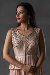 Buy_Anu Pellakuru_Peach Matka Silk Embroidered Thread Work V Neck Floral Gown _Online_at_Aza_Fashions
