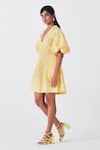 Shop_Little Things Studio_Yellow Poplin Printed Floral V Neck Veena Dress  _Online_at_Aza_Fashions