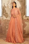 Buy_Shloka Khialani_Peach Georgette Embellished Floral High Neck Amelia Ruffle Lehenga Set  _at_Aza_Fashions