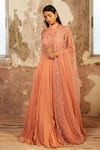 Shloka Khialani_Peach Georgette Embellished Floral High Neck Amelia Ruffle Lehenga Set  _Online_at_Aza_Fashions