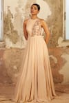 Shloka Khialani_Beige Georgette Demi Floral Embellished Gown_Online_at_Aza_Fashions