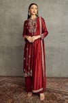 Buy_JAYANTI REDDY_Maroon Cheniya Silk Embroidered Floral Keyhole Kurta Palazzo Set  _at_Aza_Fashions