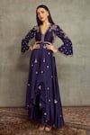 Buy_JAYANTI REDDY_Purple Chanderi Silk Embroidered Floral V Neck Anarkali And Palazzo Set _at_Aza_Fashions