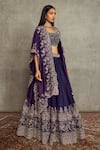 Buy_JAYANTI REDDY_Purple Raw Silk Embroidered Floral Open Cape Lehenga Set  _at_Aza_Fashions