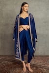 Buy_JAYANTI REDDY_Blue Cheniya Silk Embroidered Floral Open Cape And Dhoti Pant Set  _at_Aza_Fashions