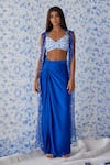 Baise Gaba_Blue Crop Top - Cotton Modal Printed Floral V Neck Abhra Cape Skirt Set _Online_at_Aza_Fashions