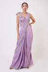 Buy_Onaya_Purple Crepe Pre-draped Saree With Embroidered Blouse_at_Aza_Fashions