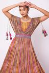 Shop_Onaya_Multi Color Georgette Geometric, Mirror And Cutdana Square Neck Print Pleated Gown_Online_at_Aza_Fashions