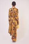 Shop_Onaya_Yellow Satin Floral Print Asymmetric Dress_at_Aza_Fashions