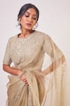 Shop_Onaya_Beige Silk And Organza Embroidery Sequin Round Saree With Blouse  _Online_at_Aza_Fashions