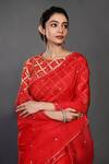 Shop_Onaya_Red Organza Woven Sequin Boat Neck Embroidered Saree With Blouse  _Online_at_Aza_Fashions