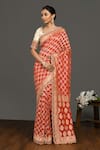 Buy_Onaya_Red Silk Woven Floral Boat Neck Saree With Blouse  _Online_at_Aza_Fashions