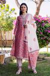 Buy_Missprint_Peach Cotton, Chanderi Block Print, Gota Work High Neck Kurta Set _at_Aza_Fashions