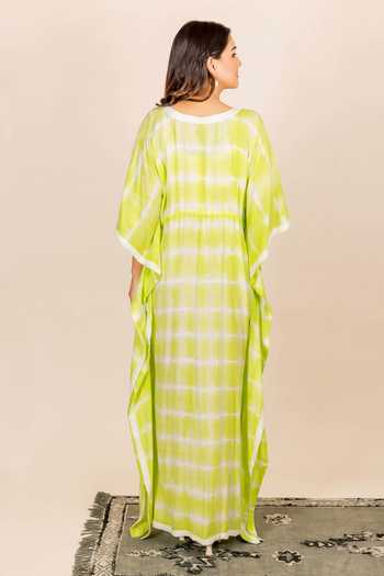 Rayon Slub Tie-Dye Kaftan Dress with Lace Border