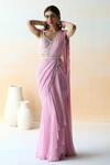 Aman Takyar_Purple Georgette Embroidery Floral V Neck Pre-draped Saree With Blouse _Online_at_Aza_Fashions