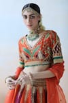 Shop_Aman Takyar_Orange Dupion Silk Embroidery Floral V Neck Bridal Lehenga Set _Online_at_Aza_Fashions