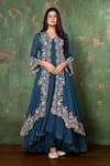 Buy_Preeti Jhawar_Blue Chiffon, Georgette Floral, Pearl, Zardozi V Embroidered Jacket And Pant Set _at_Aza_Fashions