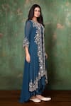 Preeti Jhawar_Blue Chiffon, Georgette Floral, Pearl, Zardozi V Embroidered Jacket And Pant Set _Online_at_Aza_Fashions