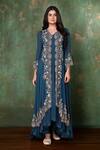 Shop_Preeti Jhawar_Blue Chiffon, Georgette Floral, Pearl, Zardozi V Embroidered Jacket And Pant Set _Online_at_Aza_Fashions