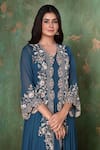Preeti Jhawar_Blue Chiffon, Georgette Floral, Pearl, Zardozi V Embroidered Jacket And Pant Set _at_Aza_Fashions