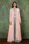 Shop_Preeti Jhawar_Pink Chiffon, Georgette Floral, Pearl, Zardozi Embroidered Jacket And Palazzo Set _at_Aza_Fashions
