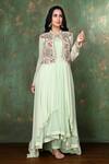 Buy_Preeti Jhawar_Green Chiffon, Georgette, Cotton Satin Floral, Embroidered Jacket And Pant Set _Online_at_Aza_Fashions