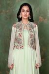 Preeti Jhawar_Green Chiffon, Georgette, Cotton Satin Floral, Embroidered Jacket And Pant Set _at_Aza_Fashions